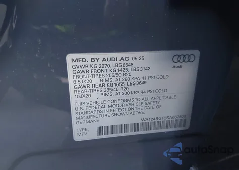2025 Audi Q6 E-Tron Premium Plus Quattro z USA, uszkodzony, nr VIN WA124BGF2SA067600